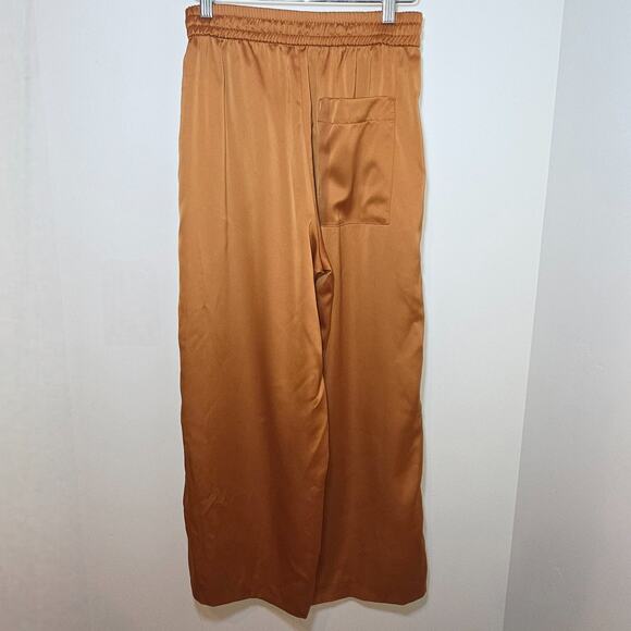 Zara Rust Orange Wide Leg Pants XS Satin High Rise Elastic Waist Pockets - Picture 2 of 6